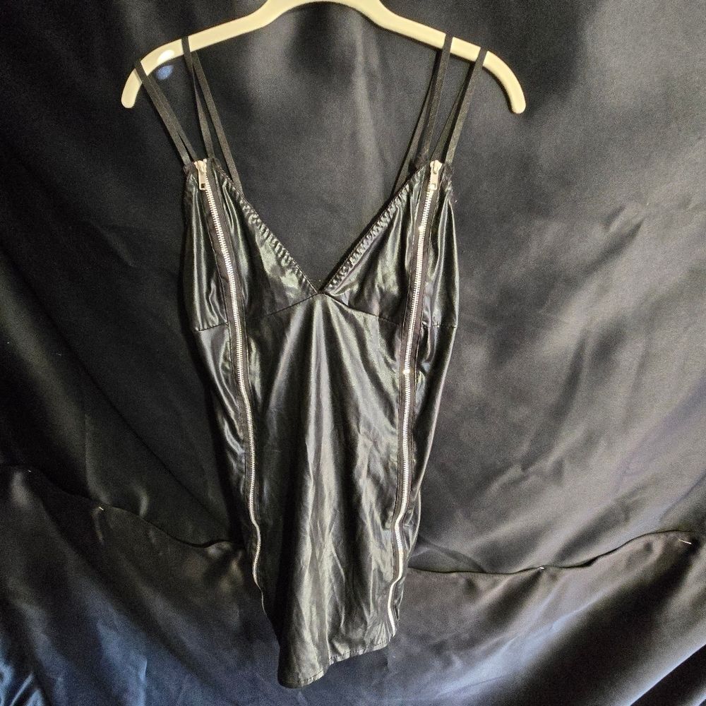 Black faux leather zip up nightie lingerie best dom costume ref# 1081
